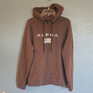 Alpha Comfort Fleece Men’s Brown Pullover Hoodie with Flag Graphic